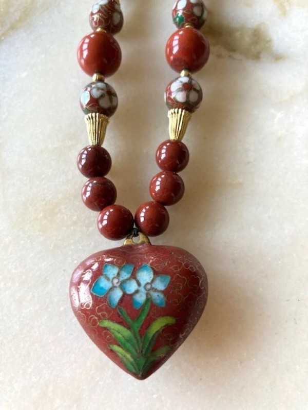 Vintage Signed Les Bernard Cloisonne Heart Necklace