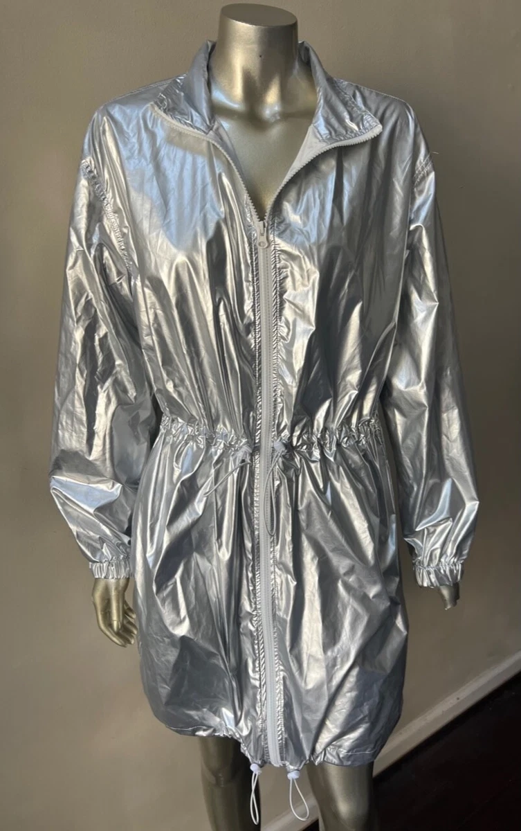 Metallic Silver Windbreaker Drawstring Jacket Coat
