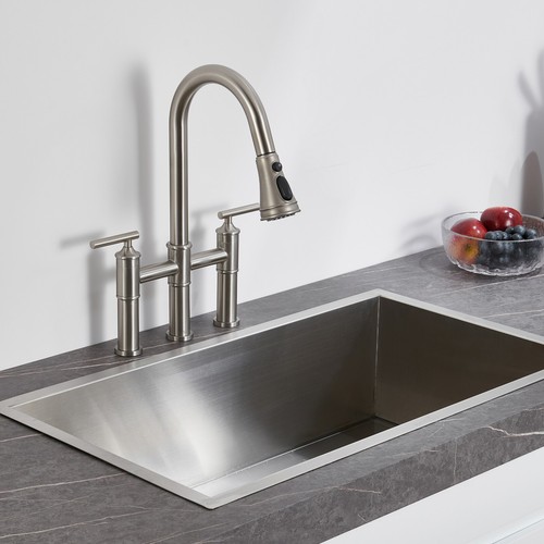 Grifo de cocina Clihome Centerset puente con rociador extraíble grifo de doble mango - Imagen 12 de 25