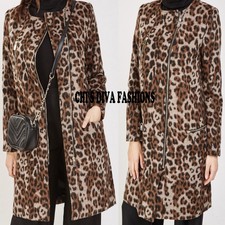 Beautiful Brushed Wool Blend Leopard Print Long Coat Jacket Size Uk 8,10