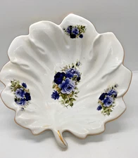 VTG Blue Victorian Rose Leaf Shaped Trinket Decor Bowl Formalities Baum Bros EUC