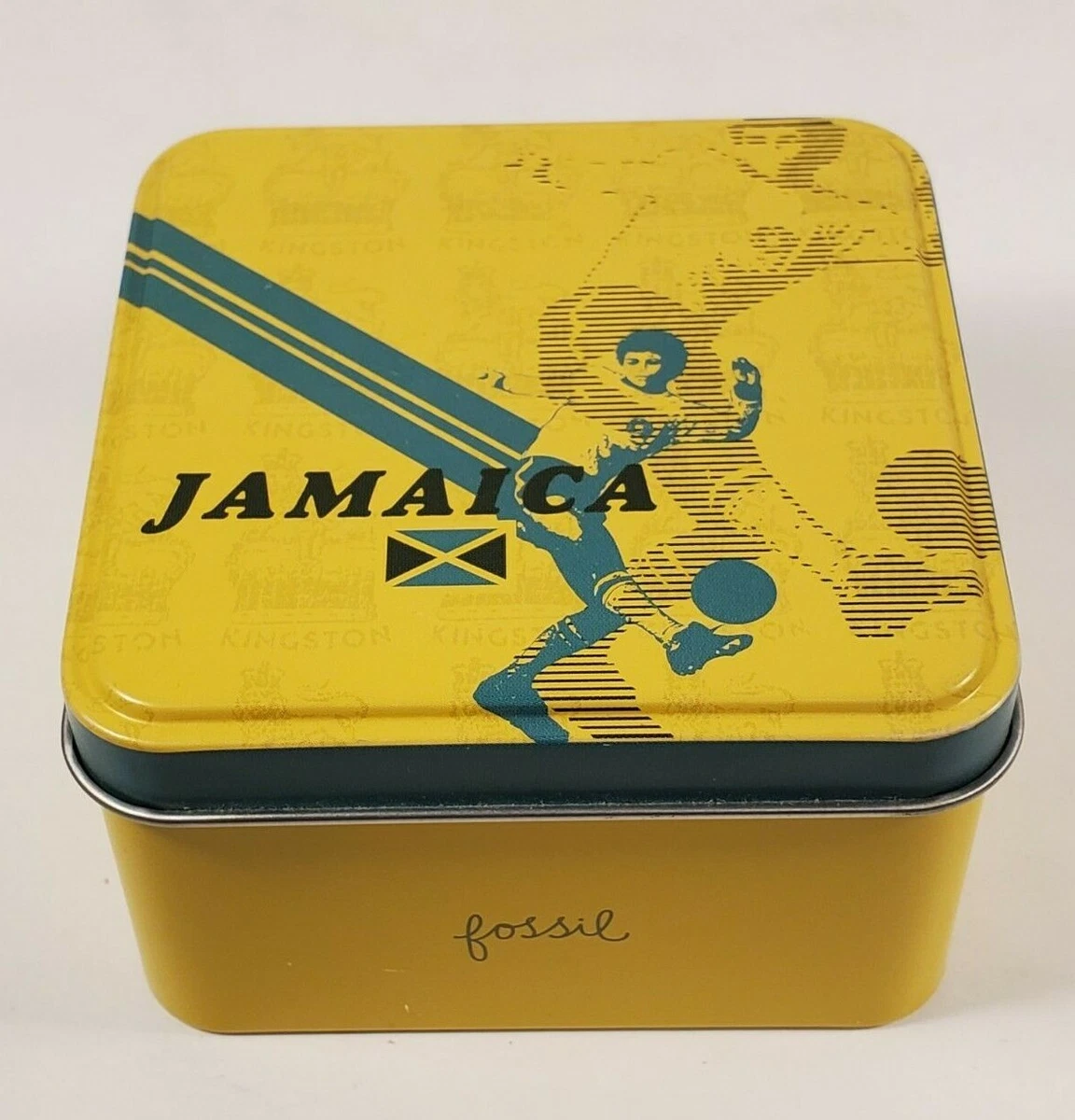 Fossil Yellow Metal Watch Tin Box Jamaica Soccer NO CONTENTS TIN ONLY