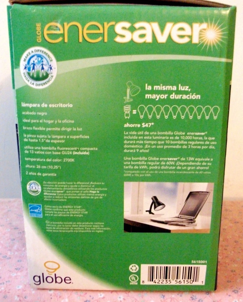LÁMPARA DE ESCRITORIO GLOBE ENERSAVER NEGRA con BOMBILLA ESPECIAL GU24, Nueva En Caja Foto 2 de 2
