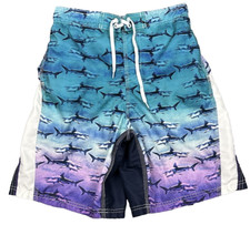 Panama Jack Swim Trunks Mens Small Green Purple Shark Print Mesh Lined Pockets