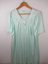 Vintage Lorraine Satin Button Up Nightgown Women Medium Green Housedress Robe