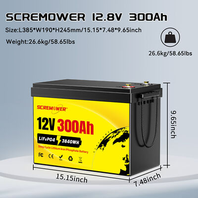 12V 300Ah LiFePO4 Battery Deep Cycle Lithium Battery 200A BMS for RV Solar Boat