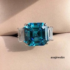 Asscher Cut Real Blue Topaz 3CT Wedding 3-Stone Jewelry Ring 14K White Gold Over