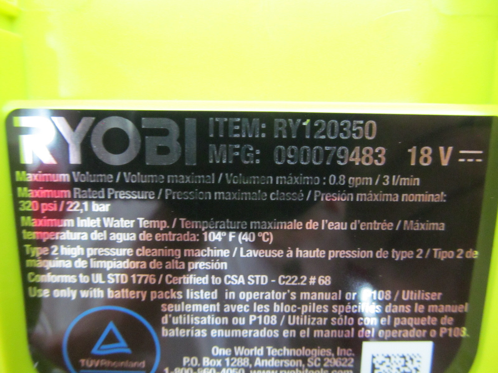 Ryobi RY120350 18V EZClean 320 PSI Cordless Battery Power Pressure Washer