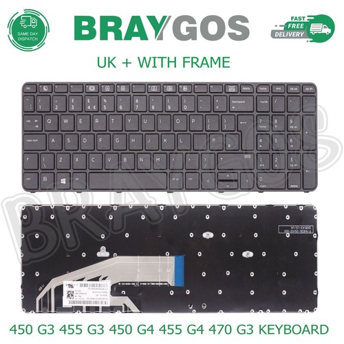 For HP ProBook 450 G3 455 G3 450 G4 455 G4 470 G3 UK Laptop Keyboard With Frame  - Picture 1 of 3