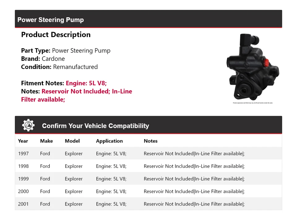 Bomba de dirección asistida Cardone 1998 1999 2000 para Ford Explorer 1997-2001 5L V8 Foto 2 de 4