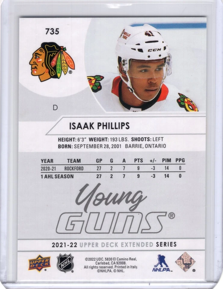 2021-22 Upper Deck Extended Series Young Guns Rookie #735 Isaak Phillips RC - Image 2 of 2