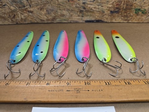 6 UNBRANDED BRIGHT COLORS 4" UV SPOONS SALMON WALLEYE TROLLING FISHING LURES - Picture 2 of 4