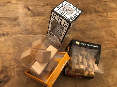 3x Logik Spiele 3D-Puzzle Tower, Bambuspuzzle ''Magic blocks'', Holz Denkspiel