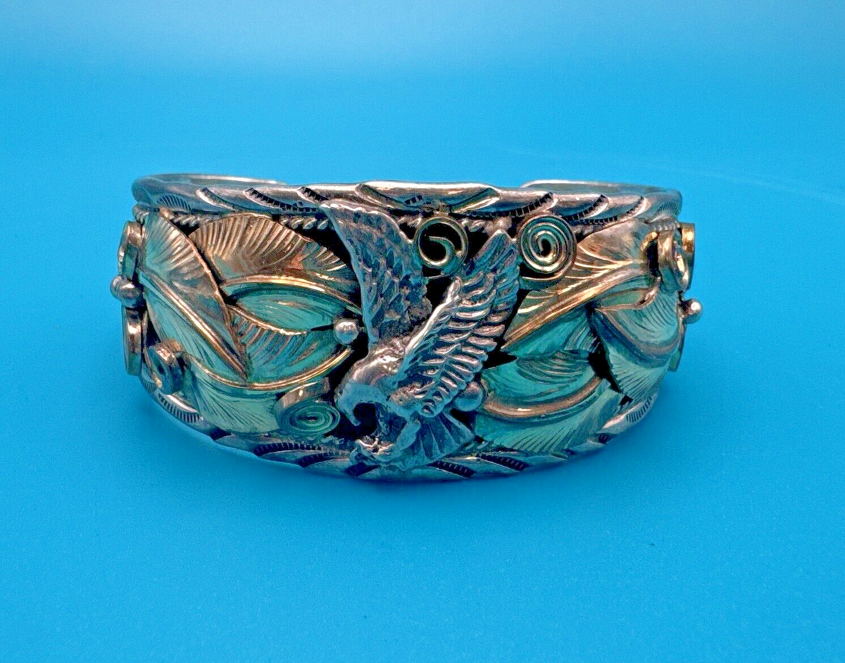 Vintage Navajo Allen Chee Sterling Cuff Bracelet Eagle Motif, 53.5 Vintage Navajo Allen Chee Sterling Cuff Bracelet Eagle Motif, 53.5