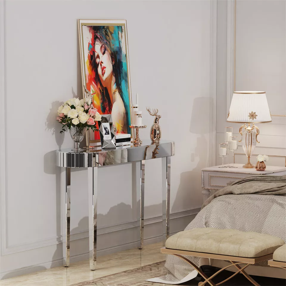 High-end Console Table Mirrored Vanity Makeup Desk Modern Glass Entryway Table - Image 4 of 4