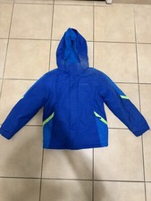 MOUNTAIN WAREHOUSE SNOW SKI JACKET SZ 7-8 GREEN BLUE HOOD FLEECE LINED EUC