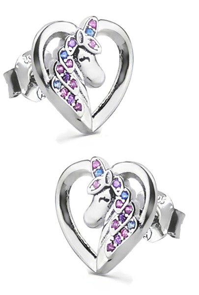 Ohrringe 925 Silber Einhorn Pferde Herz MäDchen Kinder Damen Ohrstecker Geschenk-image