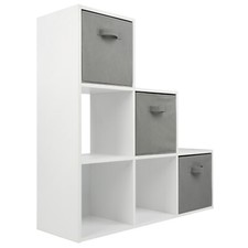 Image of White 3 Tier 6 Cube Storage Bookcase Shelf Display Unit Grey Fabric Shelving Box