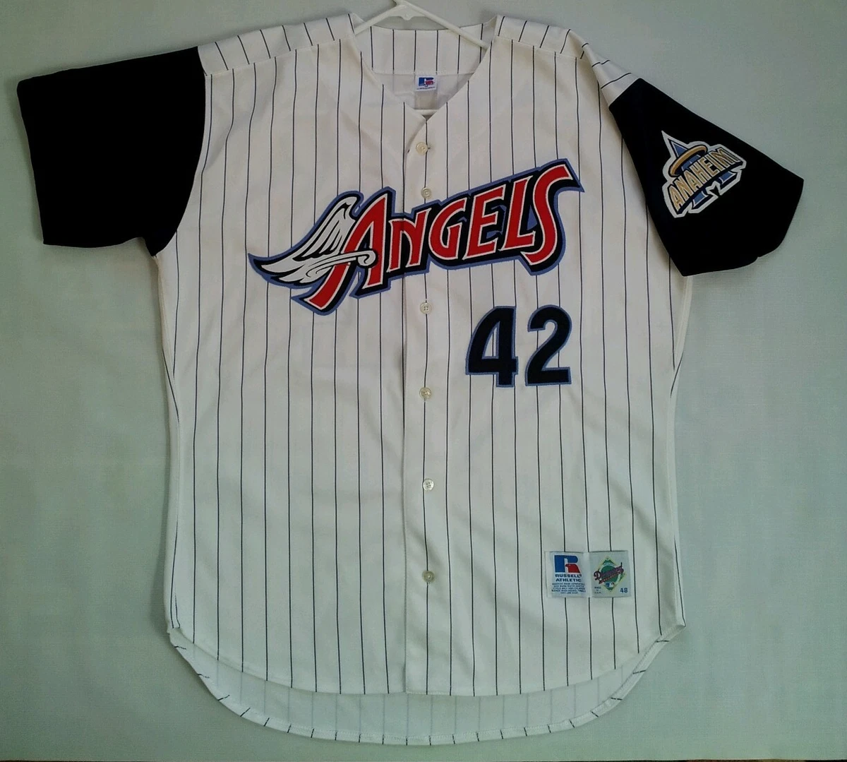 RARE RUSSELL ATHLETIC ANAHEIM ANGELS #42 MO VAUGHN SIGNED JERSEY