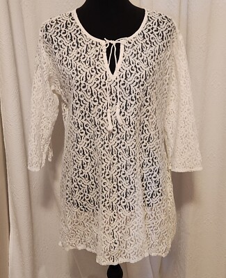 Karisma Women's S White Lace 3/4 Sleeve Sheer Cotton Tunic Top