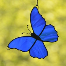 Stained Glass Morpho 5"x5" Handmade Butterfly Suncatcher Window Hanging Ornament