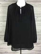 DR2 Top Women's Size L Black Swiss Dot Long Sheer Sleeves Ruffle Tie Neck Lined