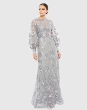 Mac Duggal 67936 Embellished Illusion Neck Long Sleeve Gown Sz 12 Platinum $498