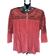 Indigo Rose Size 2X Crochet Lace Rust Brown Color Semi Sheer 3/4 Sleeve Top NWT