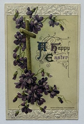 Winsch 1911 Easter Postcard Cross Purple Violets Religious Embossed P1
