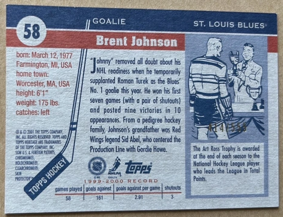 BRENT JOHNSON 2000-01 TOPPS HERITAGE CHROME #58 Ser #414/555 NM-MT Condition - Image 2 of 2