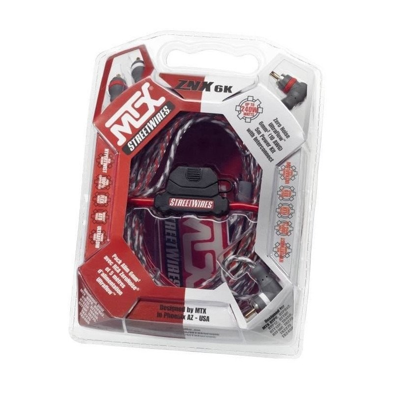 MTX Pack Alimentation 6 mm2 Câble RCA StreetWires ZNX6K Kit Câblage Sono Auto