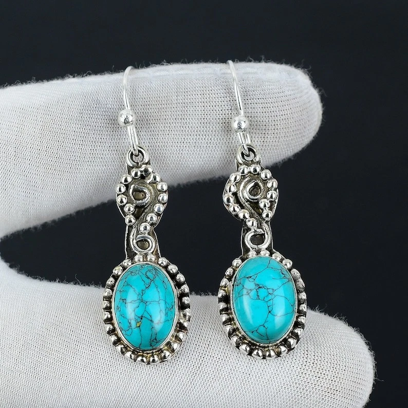 Blue Turquoise Gemstone Handmade 925 Sterling Silver Jewelry Earring Size-1.75" - Image 2 of 4