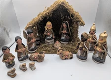 VTG 14 Piece Mexican Christmas Nativity Manger Tonala Pottery Hand Painted