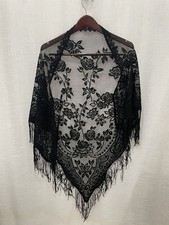 Black Floral Lace Fringe Shawl Wrap Scarf Women One Size Boho Gothic Victorian