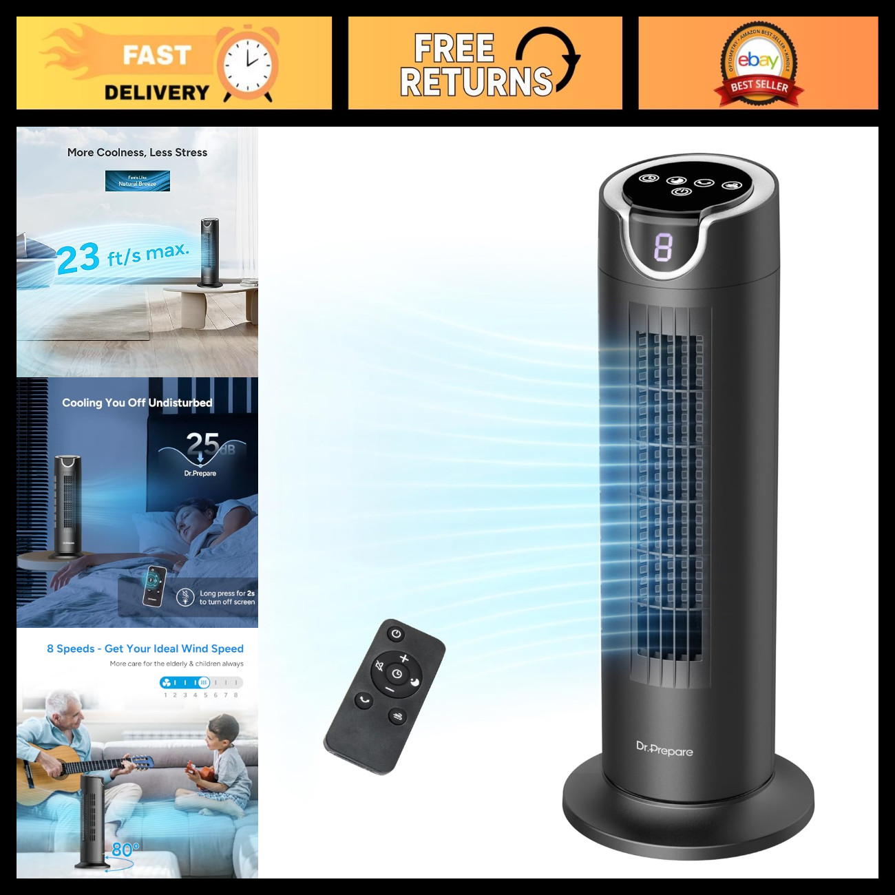 Quiet Bladeless Tower Fan with Remote, 8 Speeds, 80° Oscillation, 16" Portable I