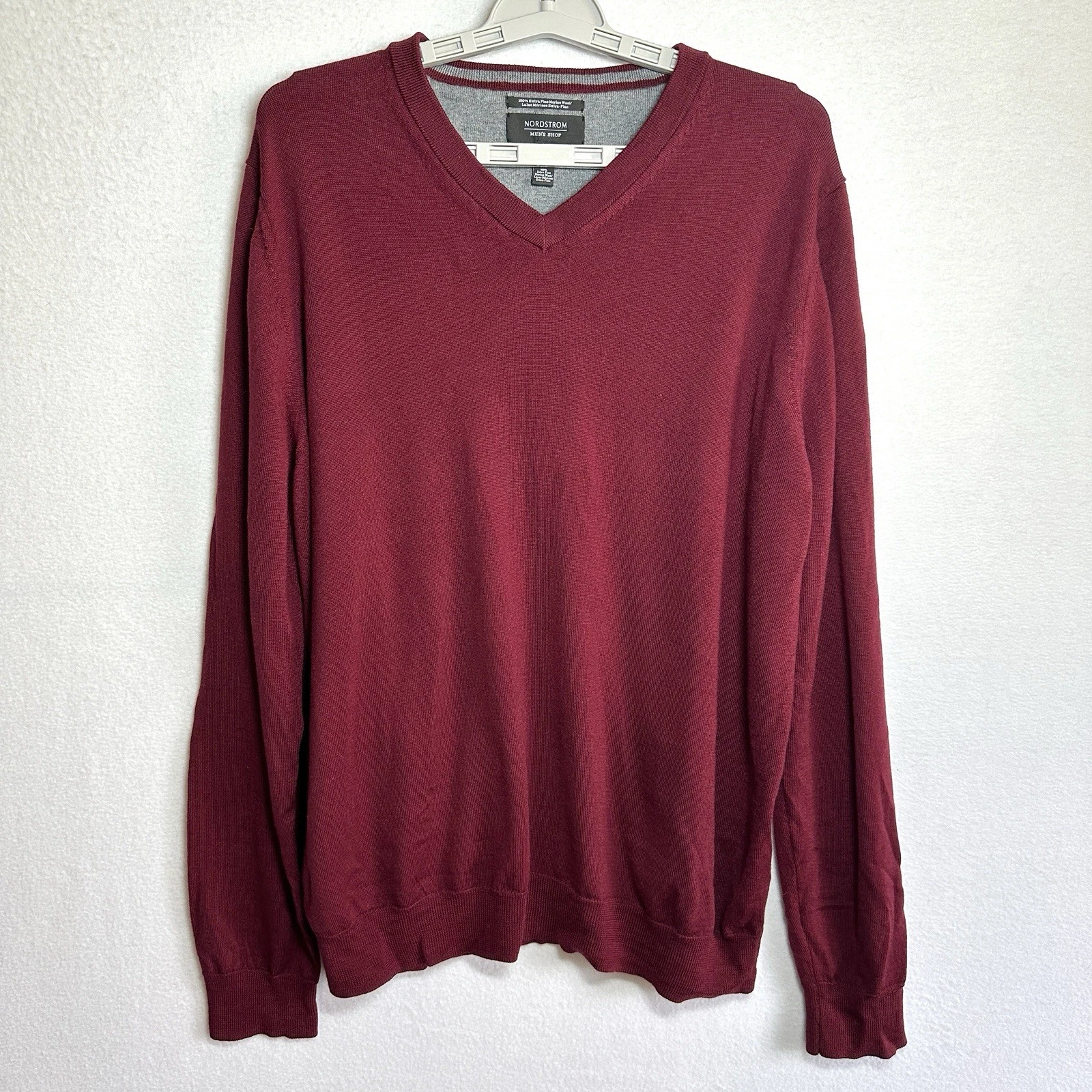 Nordstrom Extra Fine Merino Wool Sweater Men's XL Burgundy V Neck Long Sleeve