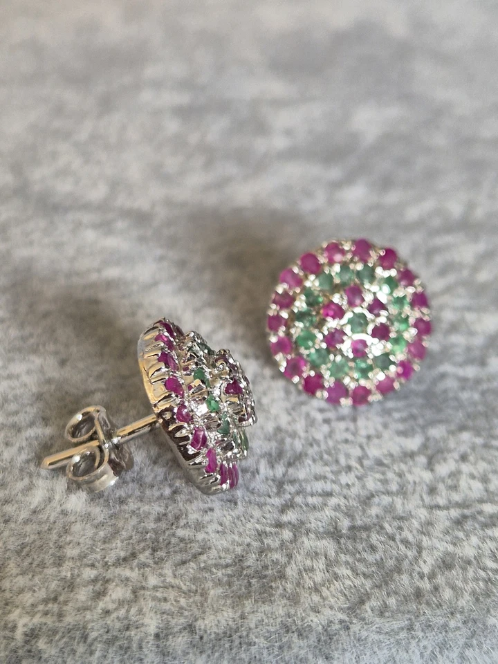 Stunning Ruby and Emerald Set Cluster Sterling Silver Earrings Studs - Image 3 of 4