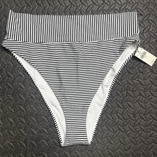 Aerie High Cut Cheeky Bikini Bottom Swim Large Black White Stripe NWT Swimwear