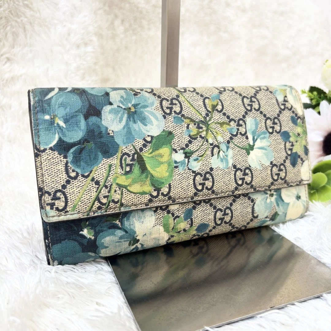 Gucci Long Portefeuille Rabat Fleurs GG Supreme Bleu