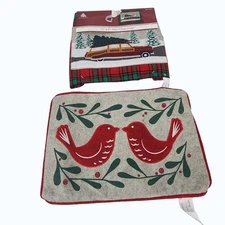 NEW Set of 2 Christmas Pillow Covers 12x8 Bird & Station Wagon Plaid Tapestry