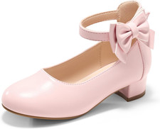Girls Dress Shoes Flower Girl Bow Chunky Heels Closed Toe Ankle Strap Pumps Wedd