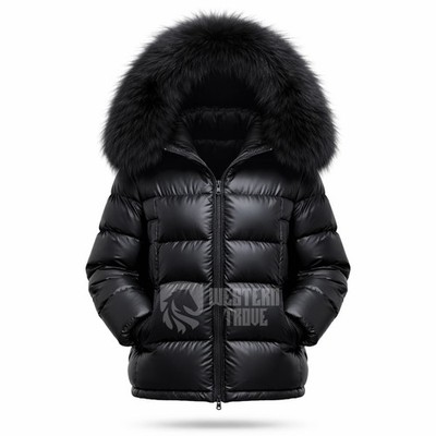 Black Puffer Jacket With Fur Hooded Puffer Handmade Unisex Quilted Puffer Jacket