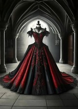 Gothic Wedding Dress Black / Dark Red Vintage Bridal Gown Lace Appliques Beaded