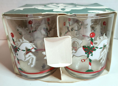 Libbey White Horse Carousel Christmas Drinking Glasses New