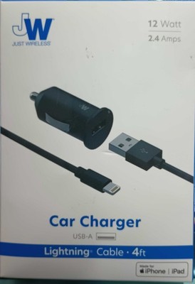Just Wireless 2.4A/12W 1-Port USB-A Car Charger with 4' TPU Apple to USB-A
