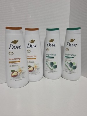 4 Dove body wash 20oz 2 Invigorating Aloe & Eucalyptus & 2Pampering Shea & Vanil