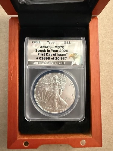 2021 American Silver Eagle $1 Type I ANACS MS70 Struck in 2020. 1st day of issue