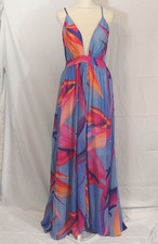 Bright Tropical Floral Maxi Dress Open Back Spaghetti Strap Womens SZ Large 8/10
