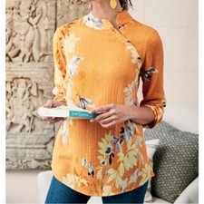 Soft Surroundings Pauleena Pullover Button Neck tunic Top shirt Floral