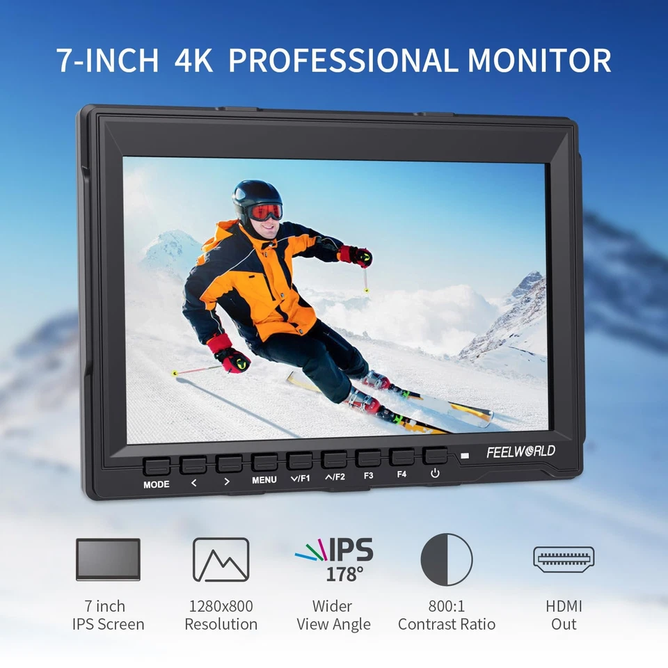 Monitor de campo câmera DSLR 7" 4K HDMI 1080p tela IPS com para-sol - Imagem 2 de 4